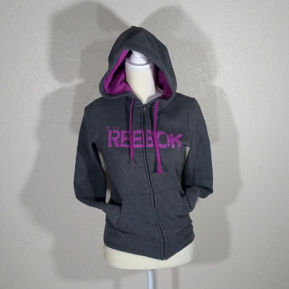 Reebok Zip Up Drawstring Gray & Purple Hoodie